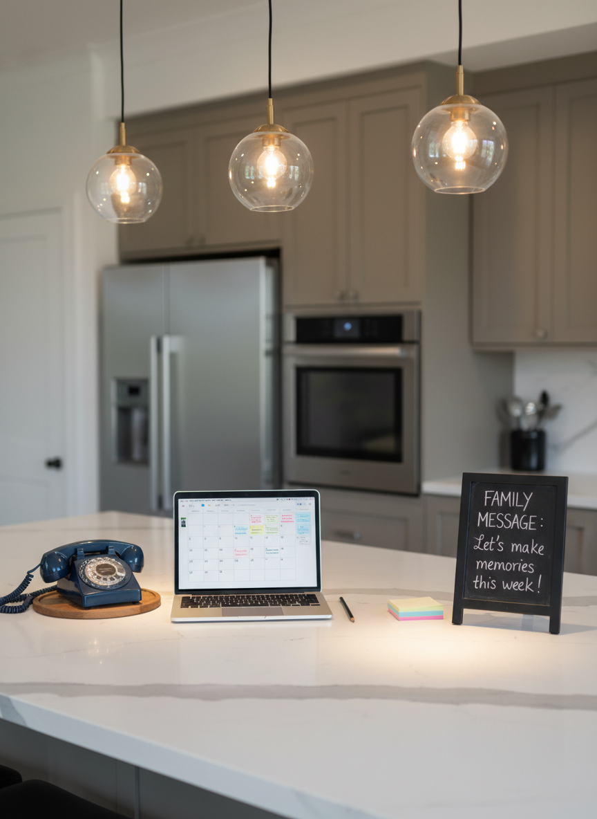 A pristine white kitchen island with a waterfall marble countertop, neatly arranged with four distinct communication stations: a classic rotary phone in deep navy, a slim silver laptop with an open calendar, a stack of colorful sticky notes beside a graphite pencil, and a small chalkboard with an elegantly written weekly family message. The background reveals sleek cabinetry in muted taupe and stainless steel appliances slightly out of focus. Warm pendant lighting from above casts soft, focused pools of light on each station, while ambient room light keeps the overall tone gentle and welcoming. Captured from a slightly elevated angle in photographic realism, the composition guides the eye across the tools of connection, evoking organization, harmony, and intentional family communication.