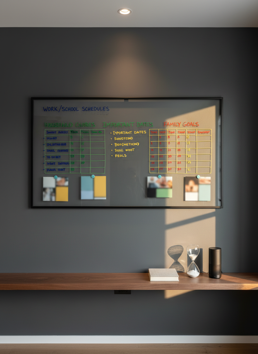 A sophisticated home command center on a smooth charcoal-gray wall, featuring a large framed glass whiteboard with neatly written color-coded schedules, reminders, and shared goals, accompanied by magnetic photos represented only as abstract blurred rectangles. Below, a slim floating walnut shelf supports an elegant sand timer, a closed linen-covered journal, and a minimalist black smart speaker. Gentle golden-hour sunlight streams in from the right, grazing the wall and creating a soft gradient of light, while a discreet recessed ceiling light adds a subtle top glow. Photographed straight-on with crisp clarity and a slightly wide frame, the image feels modern, composed, and quietly purposeful, embodying the calm sophistication of a family that values clear communication and shared direction.