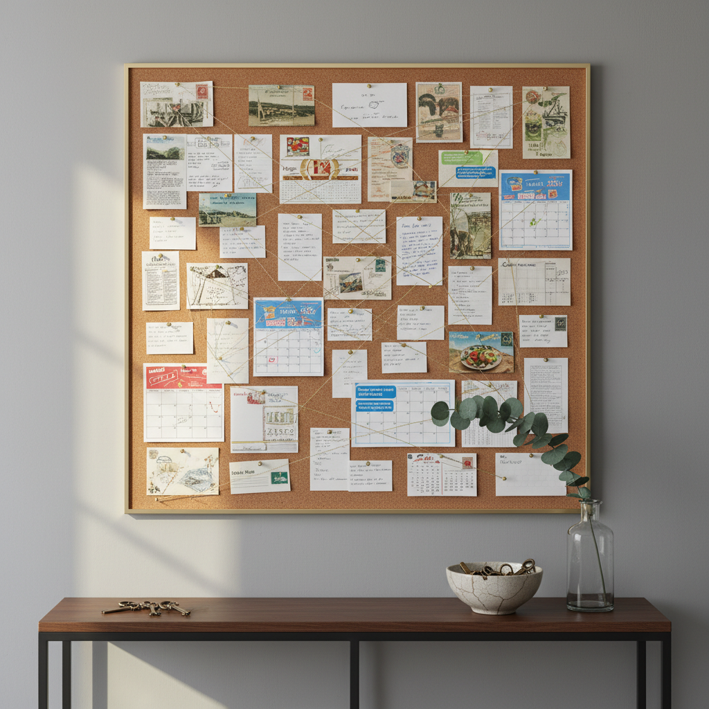 A large, elegant corkboard mounted on a matte dove-gray wall, meticulously arranged with overlapping postcards, recipe cards, school calendars, and printed text messages, all connected by thin gold threads like a communication web. At the base of the corkboard rests a sleek dark-wood console holding a ceramic bowl of vintage keys and a glass vase with a single eucalyptus branch. Soft diffused morning light filters from the left, creating gentle highlights on the pinned notes and subtle texture on the wall. Shot straight-on with a balanced composition and sharp focus, the scene feels organized and intentional, conveying the sophistication of a well-connected family life in a realistic, modern photographic style.