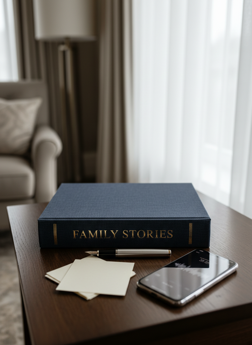 A close-up, eye-level view of a richly textured coffee table book titled "Family Stories" embossed in gold on deep navy linen, resting on a dark oak side table. Around it lie a classic silver fountain pen, a small stack of thick, cream-colored note cards, and an open, high-end smartphone displaying a voice memo interface. The table sits beside a large window framed by sheer white curtains, with soft overcast daylight creating a gentle, even illumination and faint reflections on the phone screen. The background dissolves into a subtle bokeh of a sophisticated living room. The composition is centered and intimate, with a shallow depth of field, conveying a reflective, refined mood and emphasizing the blending of traditional and modern ways families share their lives in photographic realism.